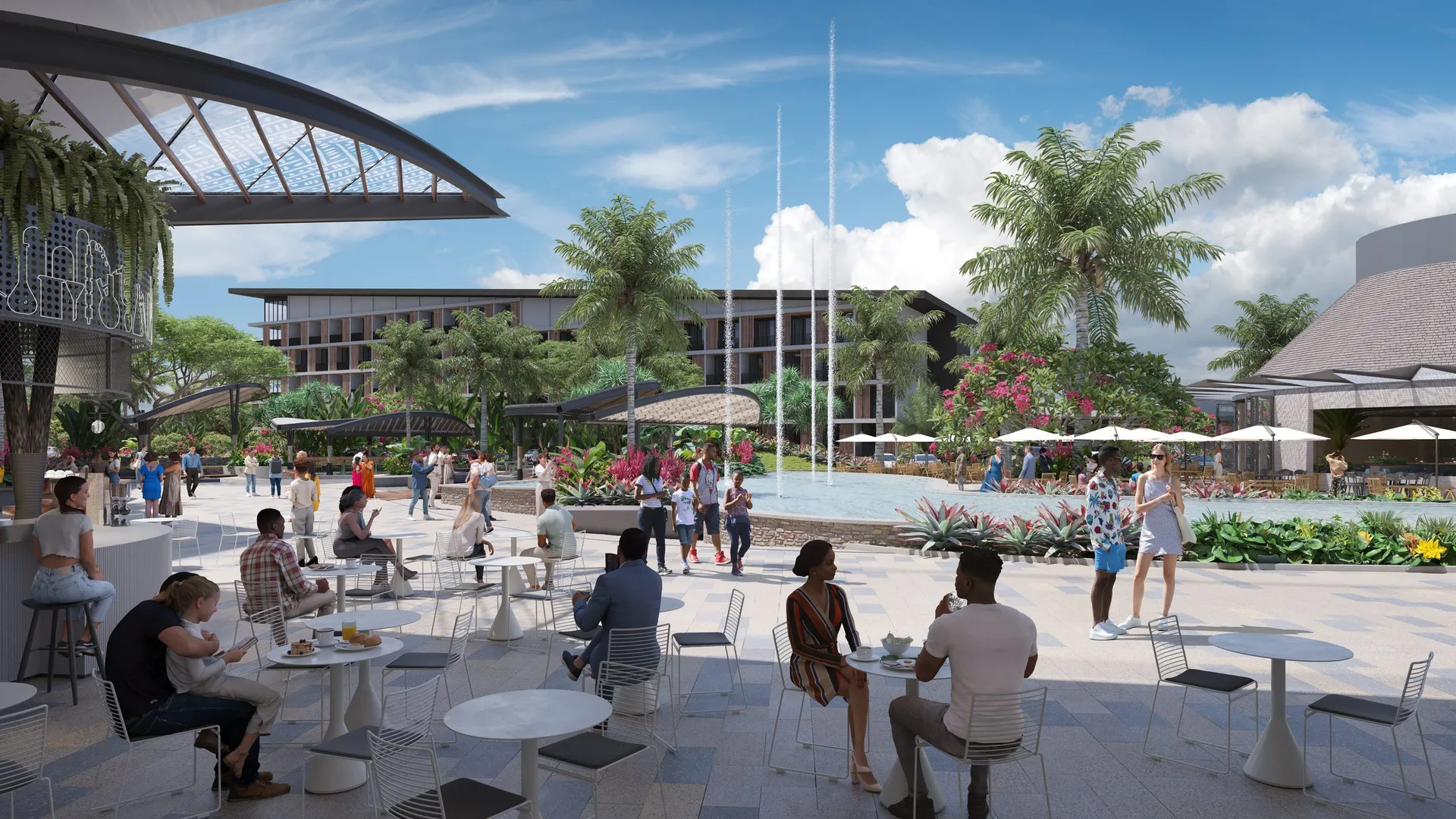Voivoi Town Centre plaza, an outdoor cafe terrace with fountains and palms